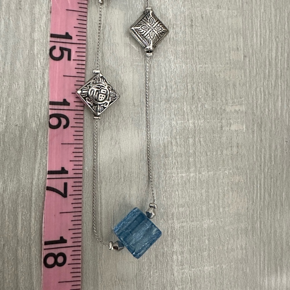 Long Blue Resin Bead Station Necklace | Silver Tone Boho Style - Picture 3 of 4